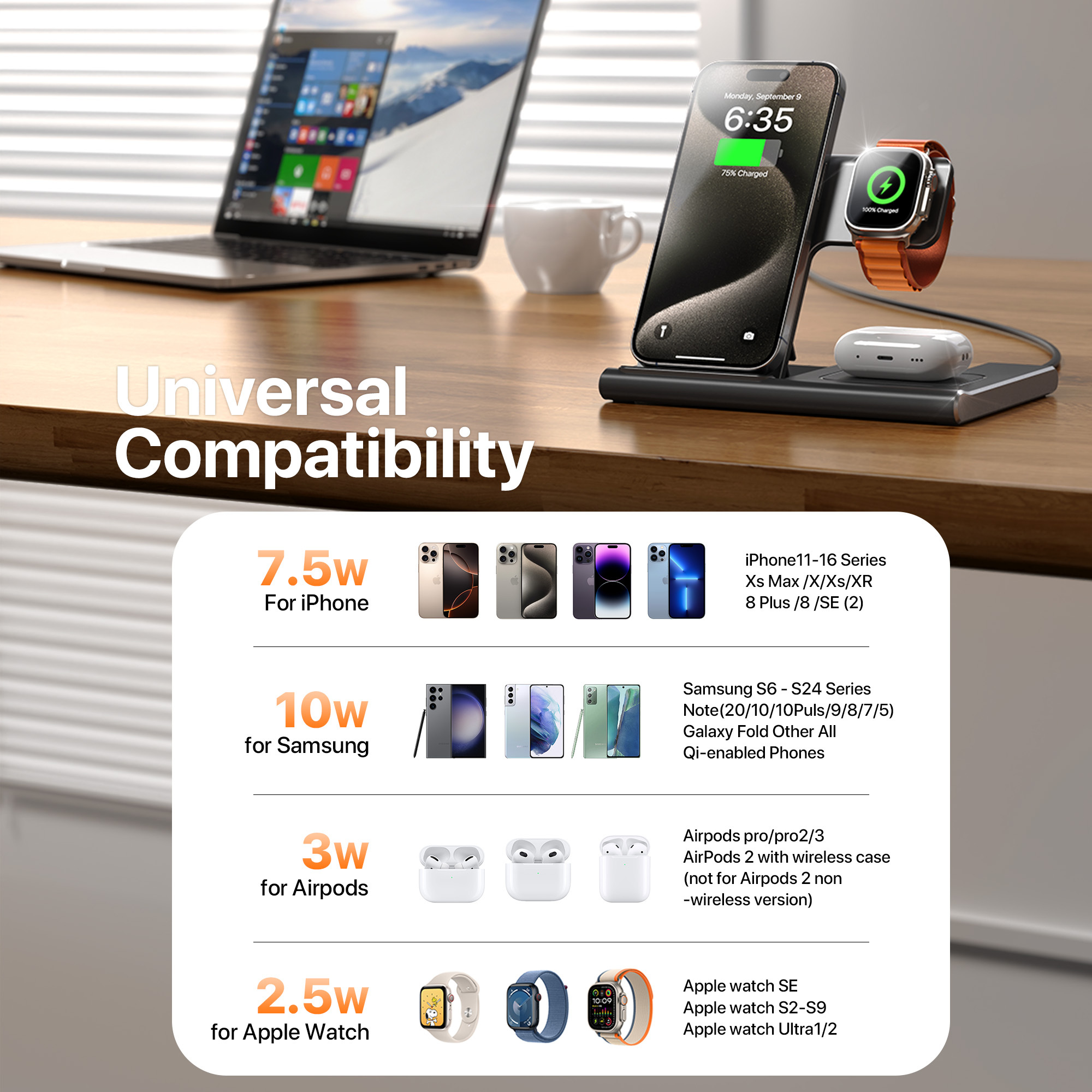 3 In 1 Wireless Charging Sation For Multiple Devices 15W Fast Charging Stand - Image 3